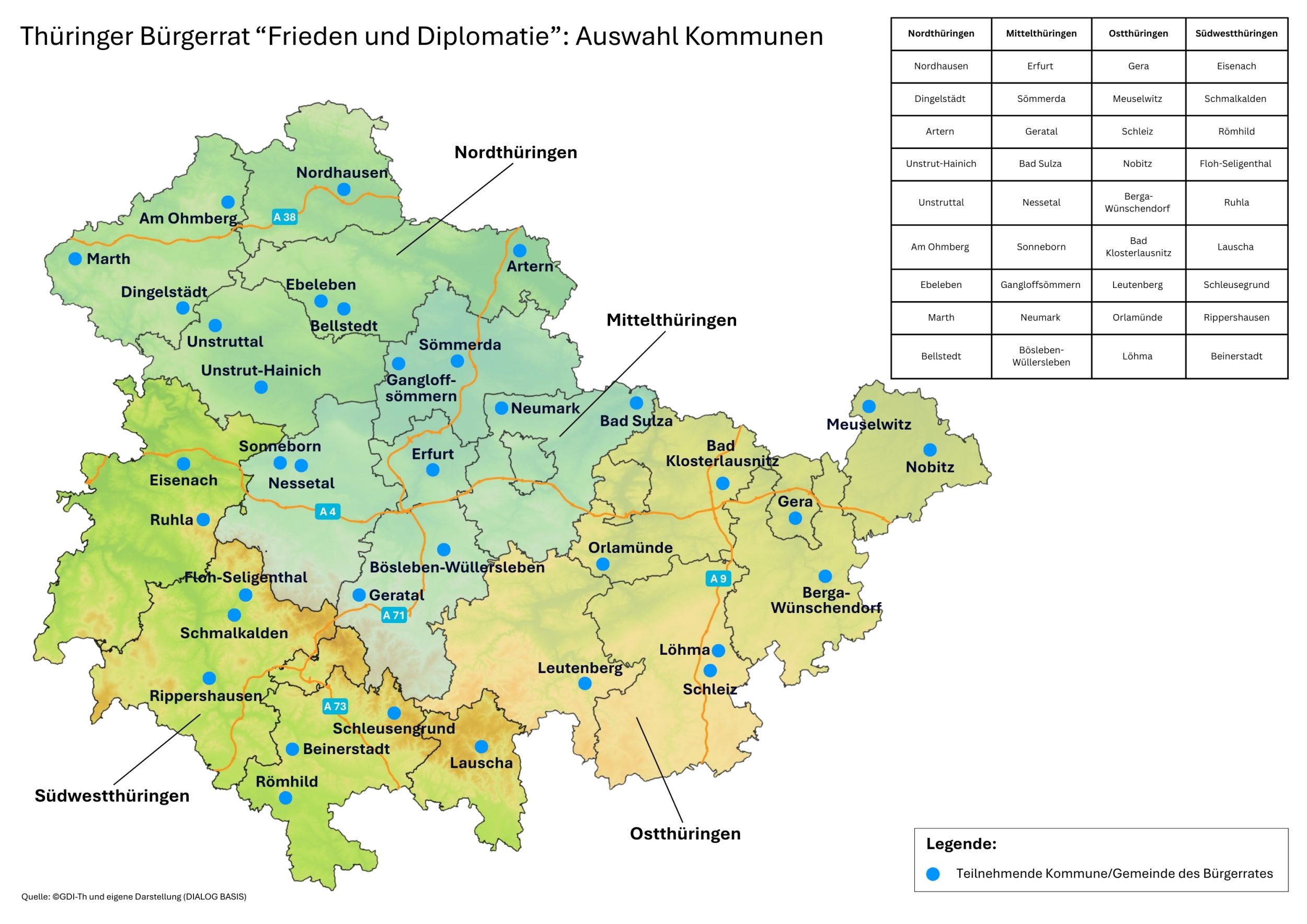 Abbildung mit den zufällig ausgewählten Kommunen aus Nordthüringen, Mittelthüringen, Ostthüringen und Südwestthüringen